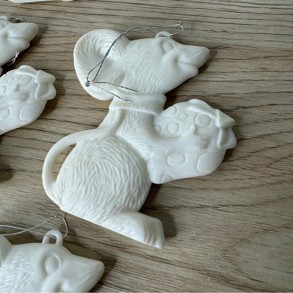 White Plastic Christmas Mice Flat Vintage Ornaments Lot Of 11 MCM Classic‎ Tacky